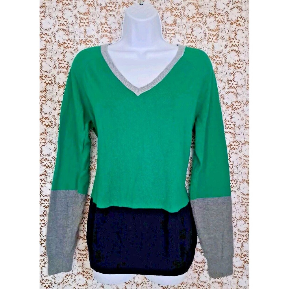 J.C. Penny Womens Sweater XL Green Cashmere Blend V-neck Color Block Pullover